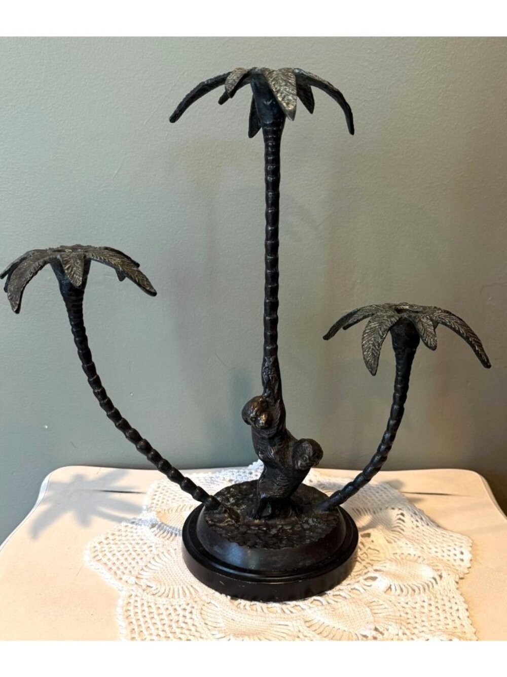 Vintage Cast Metal Palm Tree Candle Holder with Monkeys Bronze Tropical Decor